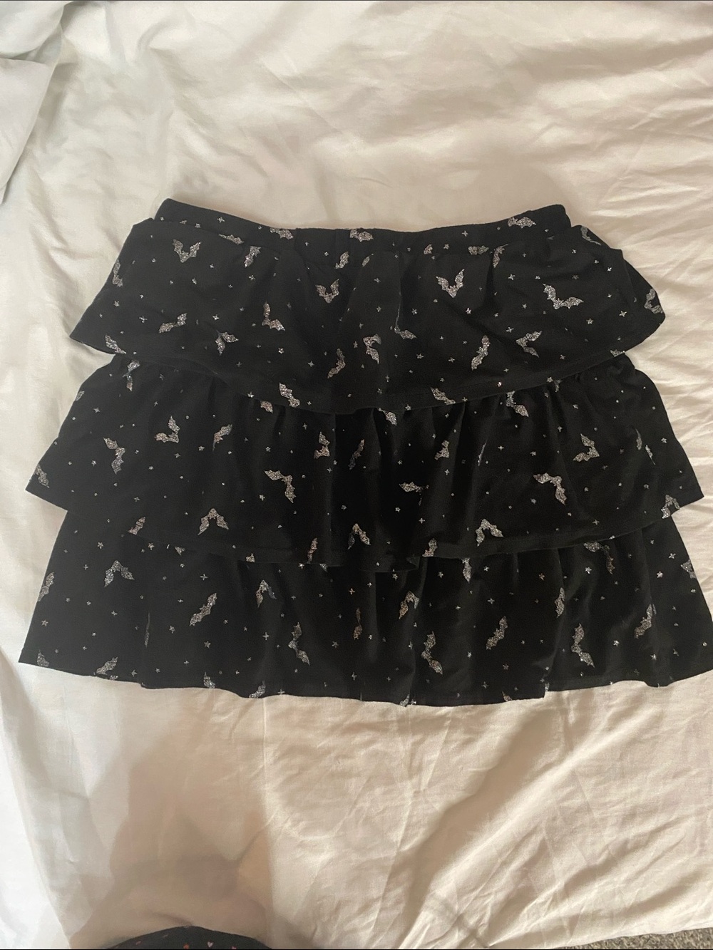 Girl’s Black Tiered Ruffle Skirt with silver bat Print-154
